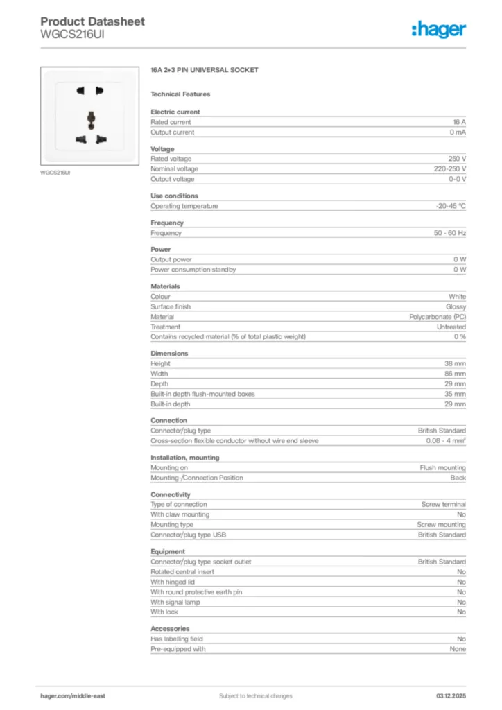 Image Hager Product data sheet WGCS216UI  | Hager