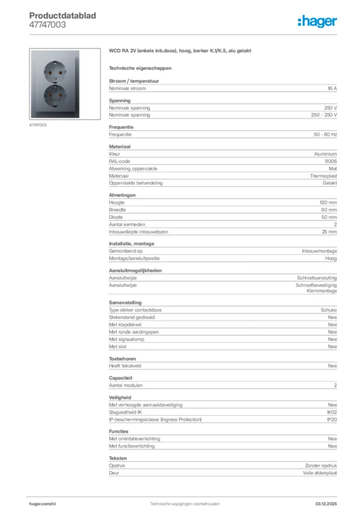 Afbeelding Hager Productdatablad 47747003 | Hager Nederland