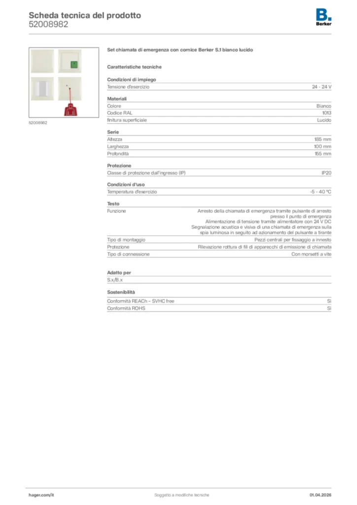 Immagine Berker Scheda tecnica del prodotto 52008982 | Hager Italia
