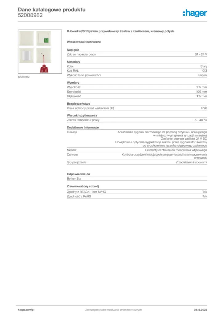 Zdjęcie Hager Karta katalogowa 52008982 | Hager Polska