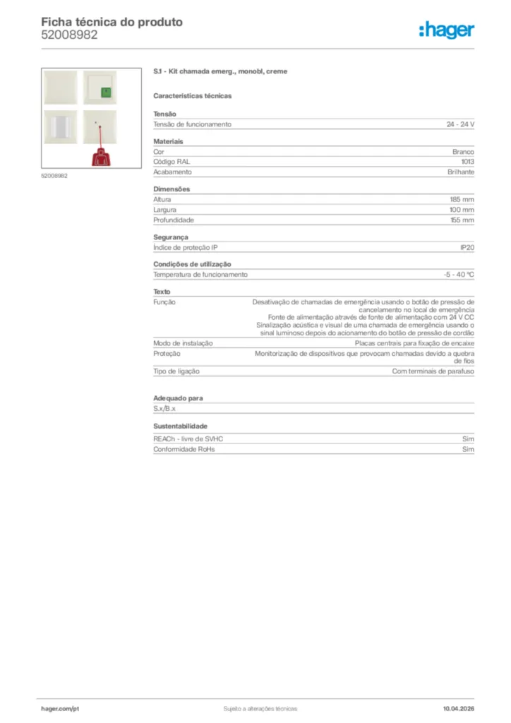 Imagem Hager Ficha técnica do produto 52008982 | Hager Portugal