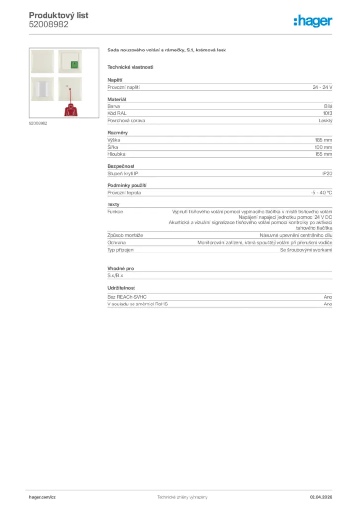 Obrázek Hager Product data sheet 52008982 | Hager