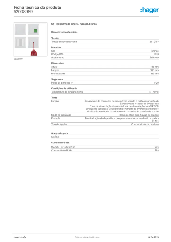 Imagem Hager Ficha técnica do produto 52008989 | Hager Portugal