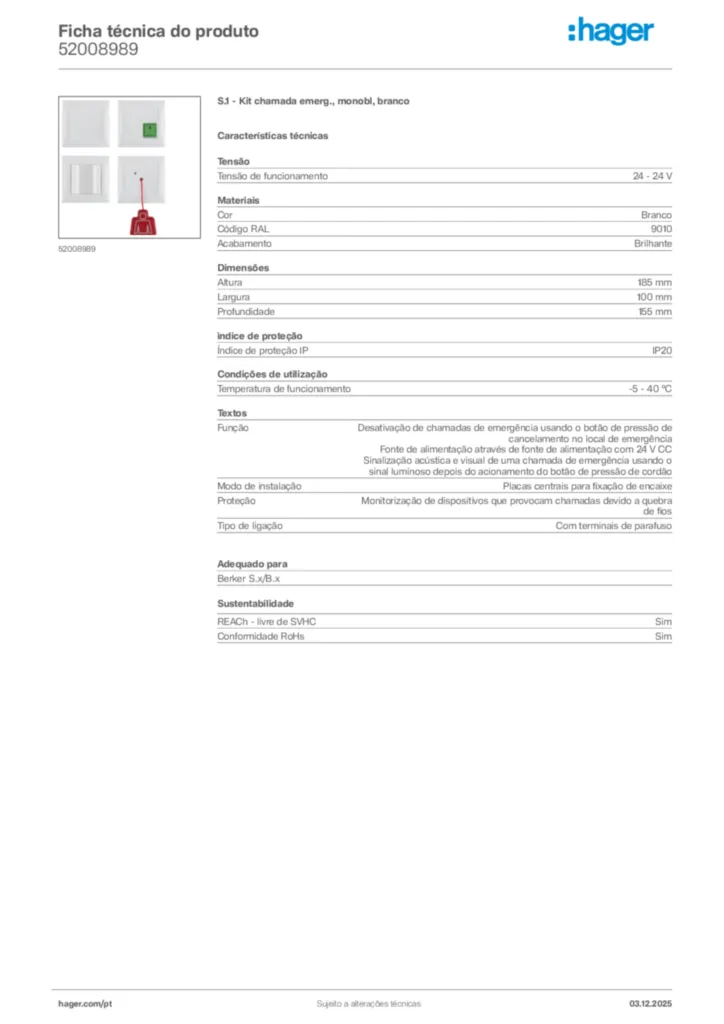 Imagem Hager Ficha técnica do produto 52008989 | Hager Portugal