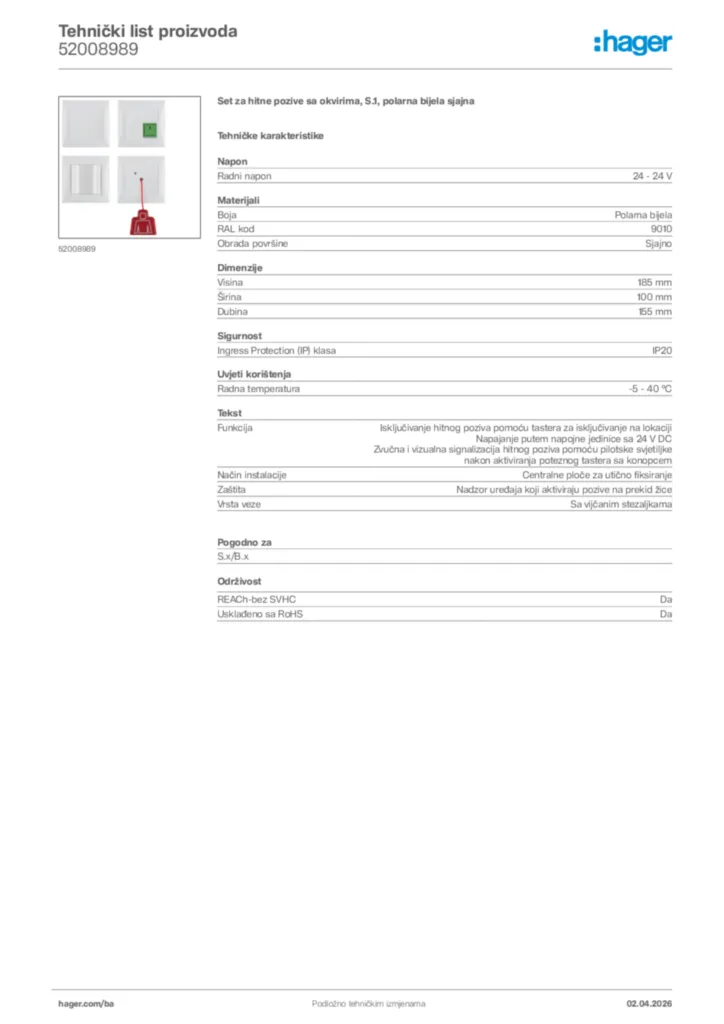 Slika Hager Tehnički list proizvoda 52008989  | Hager