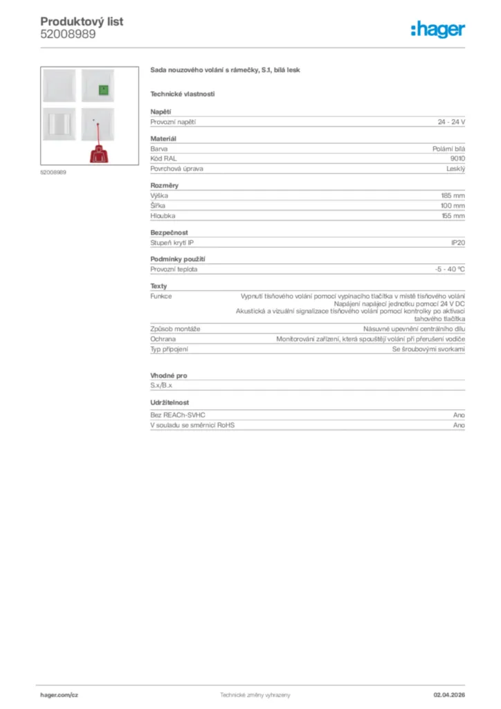 Obrázek Hager Product data sheet 52008989 | Hager