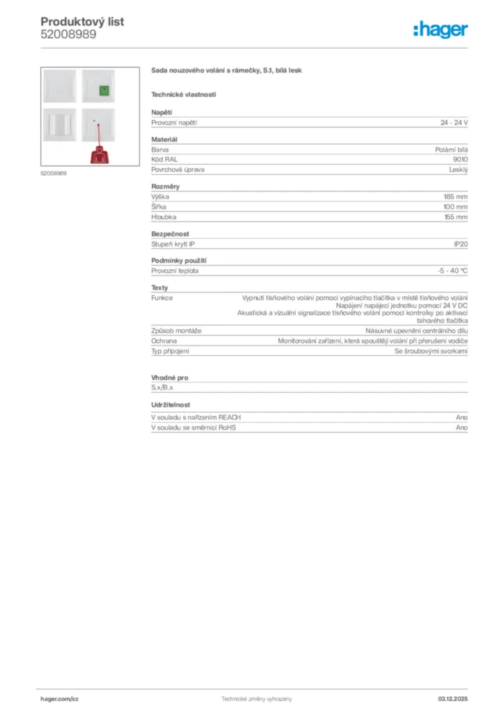 Obrázek Hager Product data sheet 52008989 | Hager
