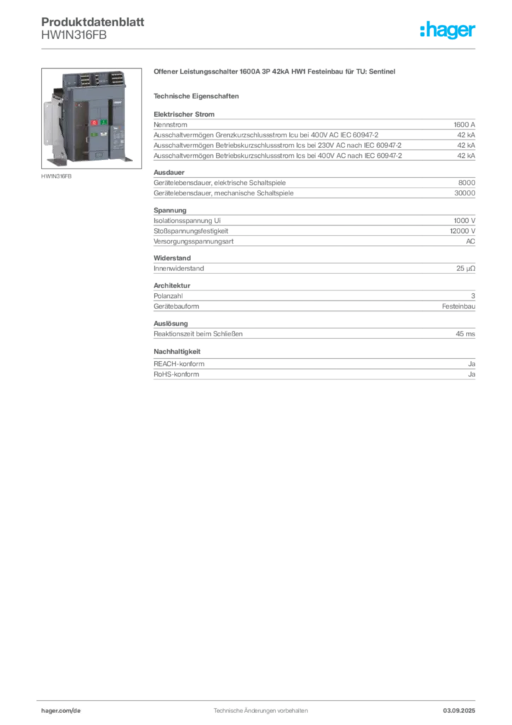 Bild Hager Produktdatenblatt HW1N316FB | Hager Deutschland