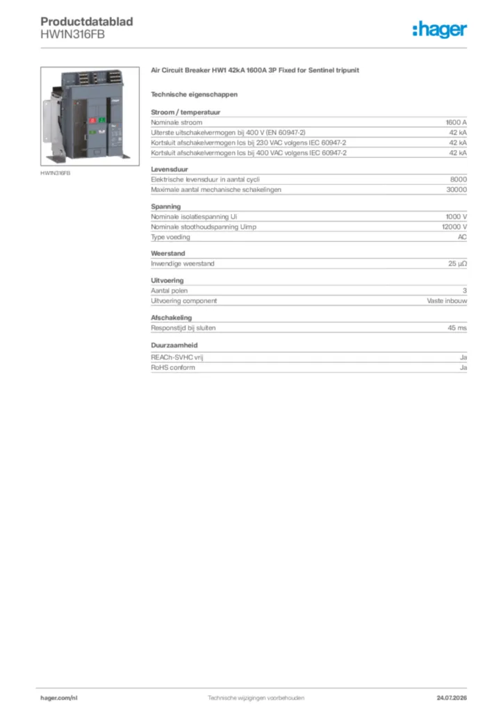 Afbeelding Hager Productdatablad HW1N316FB | Hager Nederland