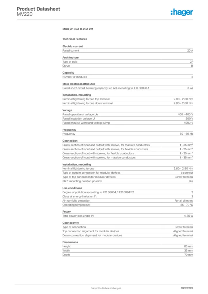 Image Hager Product data sheet MV220  | Hager Africa