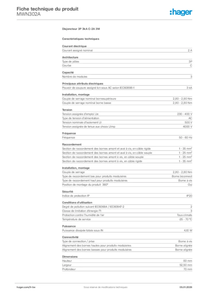 Image Hager Fiche technique du produit MWN302A | Hager Belgique
