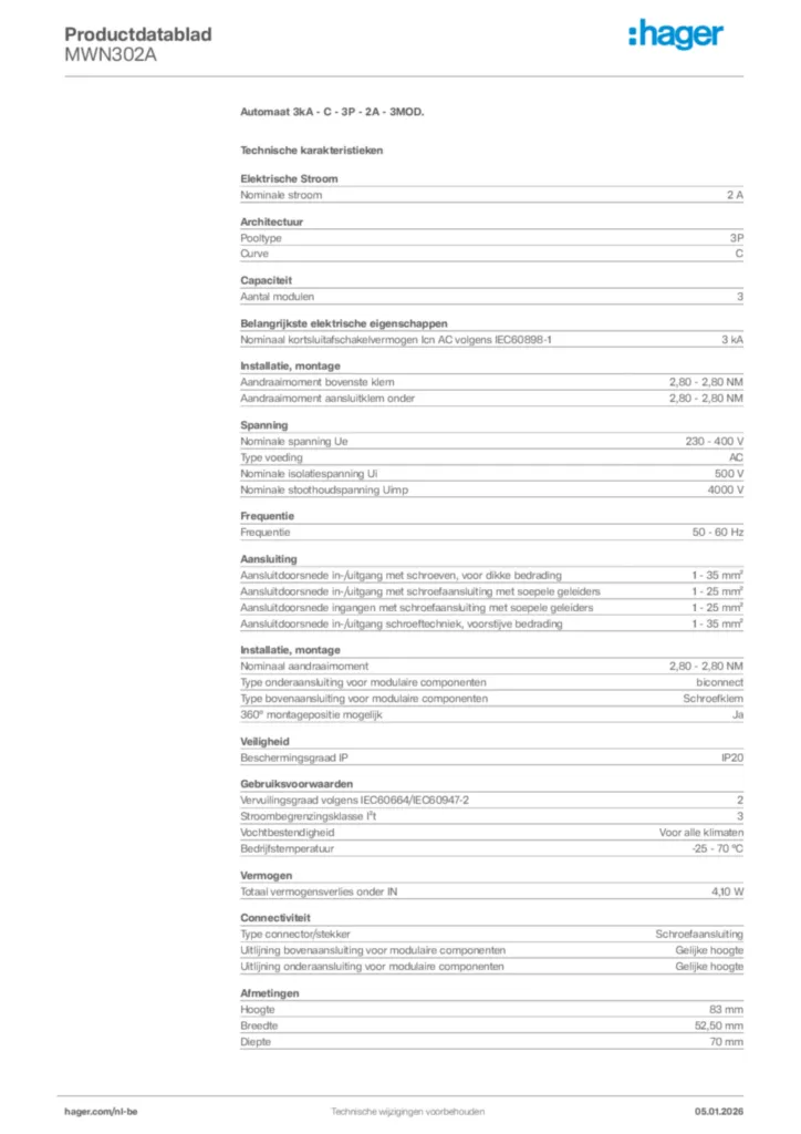 Afbeelding Hager Productdatablad MWN302A | Hager Belgium