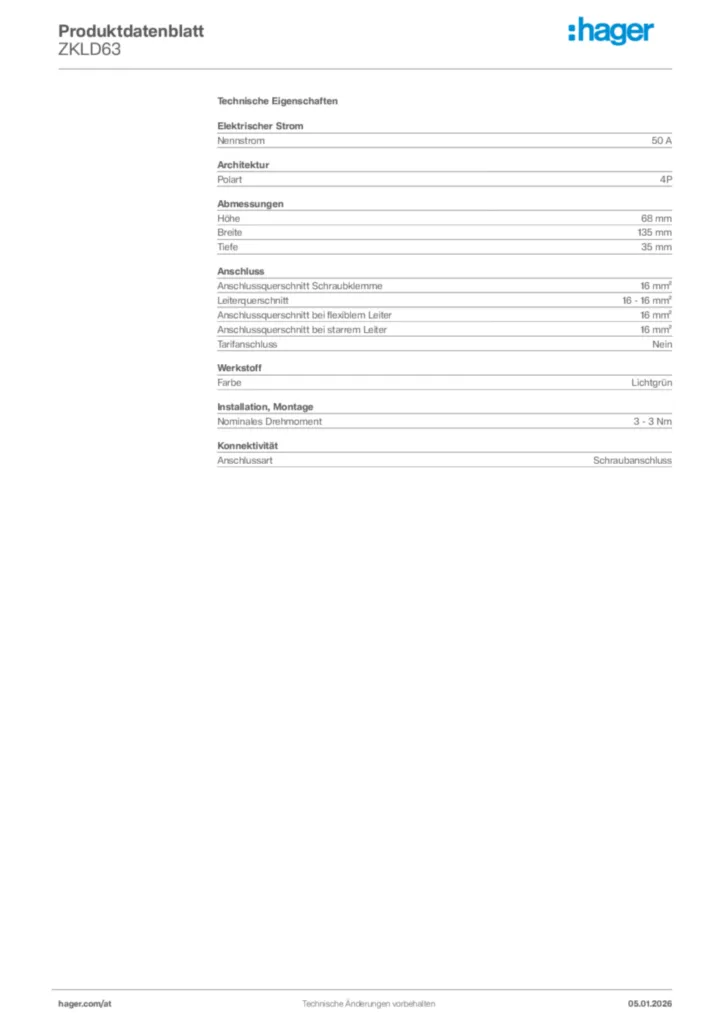 Bild Hager Produktdatenblatt ZKLD63 | Hager Deutschland