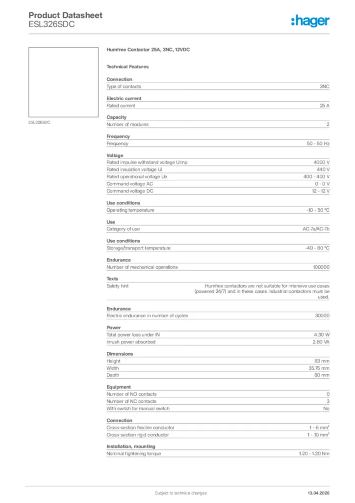 Image Hager Product data sheet ESL326SDC  | Hager Africa