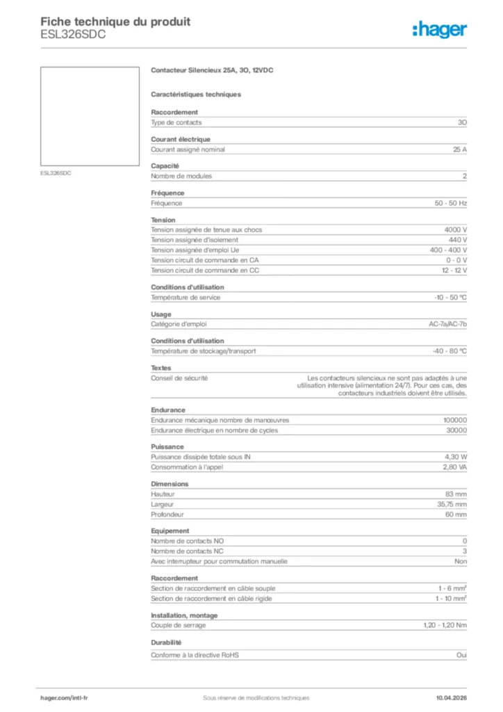 Image Hager Fiche technique du produit ESL326SDC | Hager Afrique