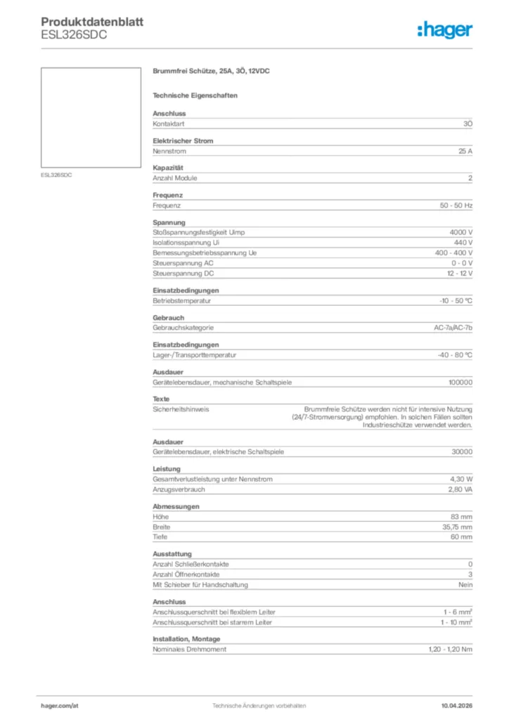 Bild Hager Produktdatenblatt ESL326SDC | Hager Deutschland