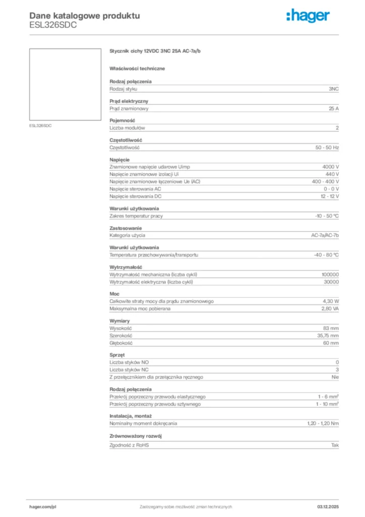Zdjęcie Hager Dane katalogowe produktu ESL326SDC | Hager Polska