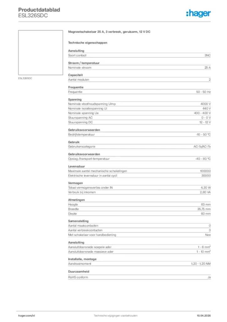 Afbeelding Hager Productdatablad ESL326SDC | Hager Nederland