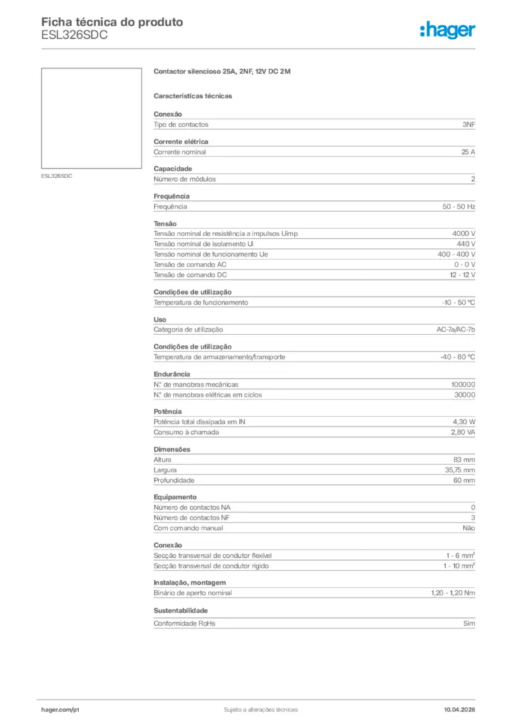 Imagem Hager Ficha técnica do produto ESL326SDC | Hager Portugal