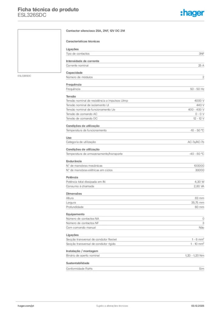 Imagem Hager Ficha técnica do produto ESL326SDC | Hager Portugal