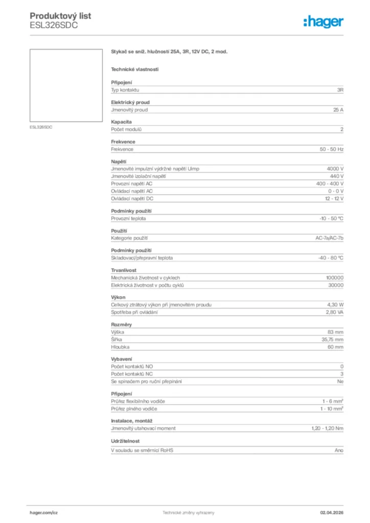 Obrázek Hager Product data sheet ESL326SDC | Hager