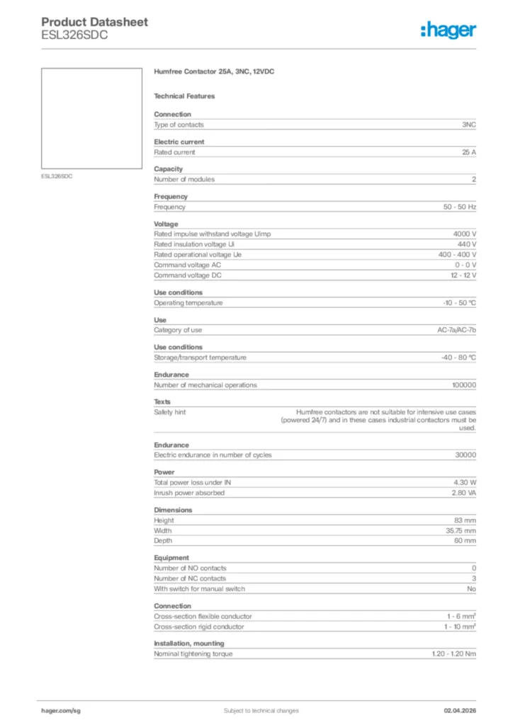 Image Hager Product data sheet ESL326SDC  | Hager