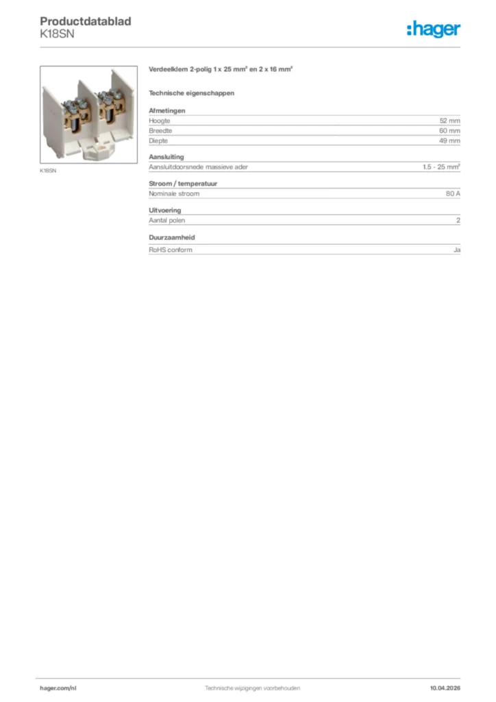 Afbeelding Hager Productdatablad K18SN | Hager Nederland