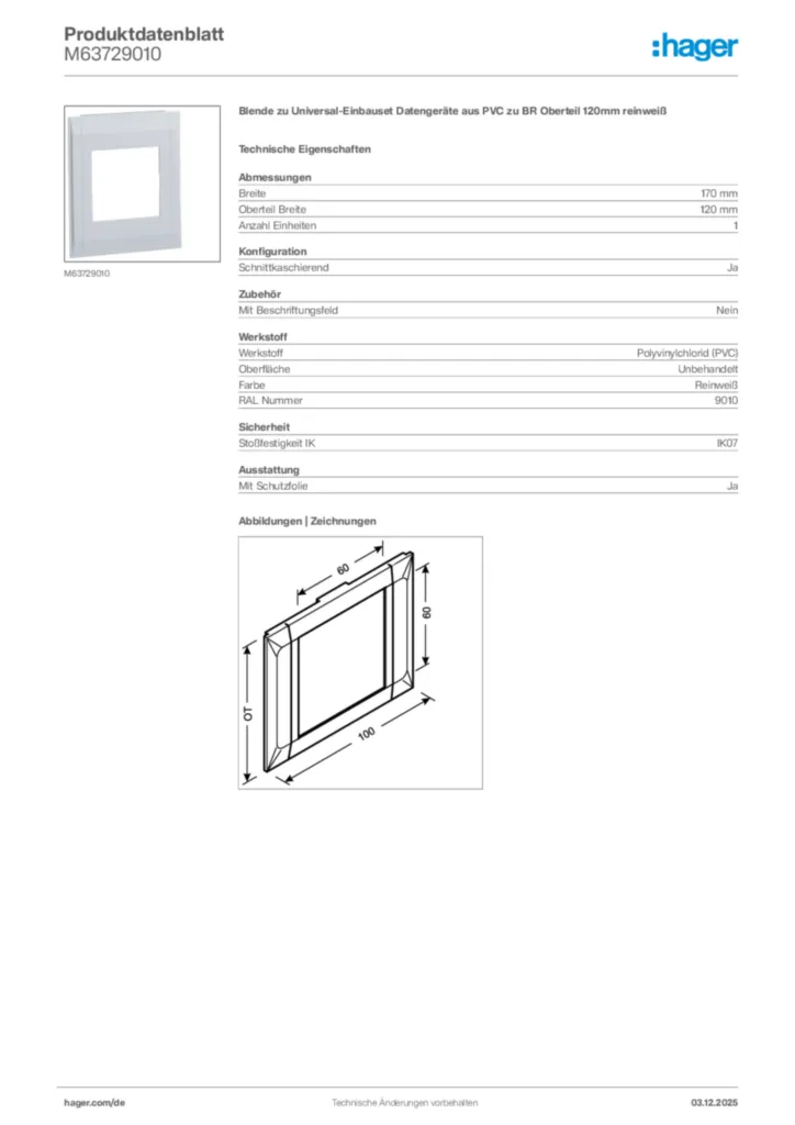 Bild Hager Produktdatenblatt M63729010 | Hager Deutschland