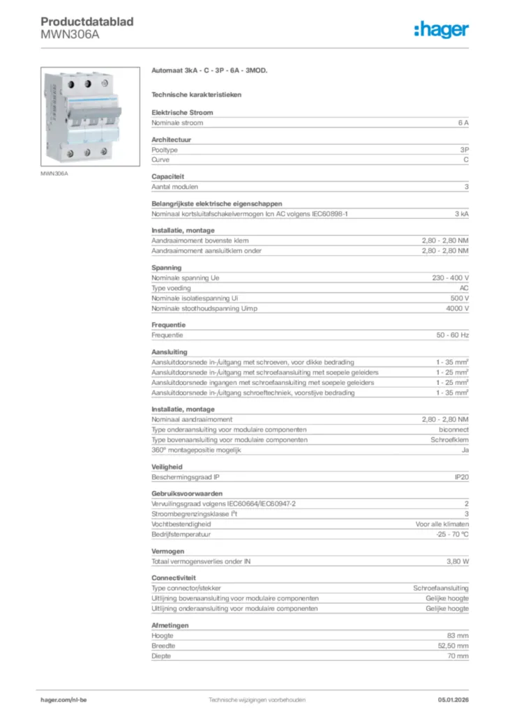 Afbeelding Hager Productdatablad MWN306A | Hager Belgium