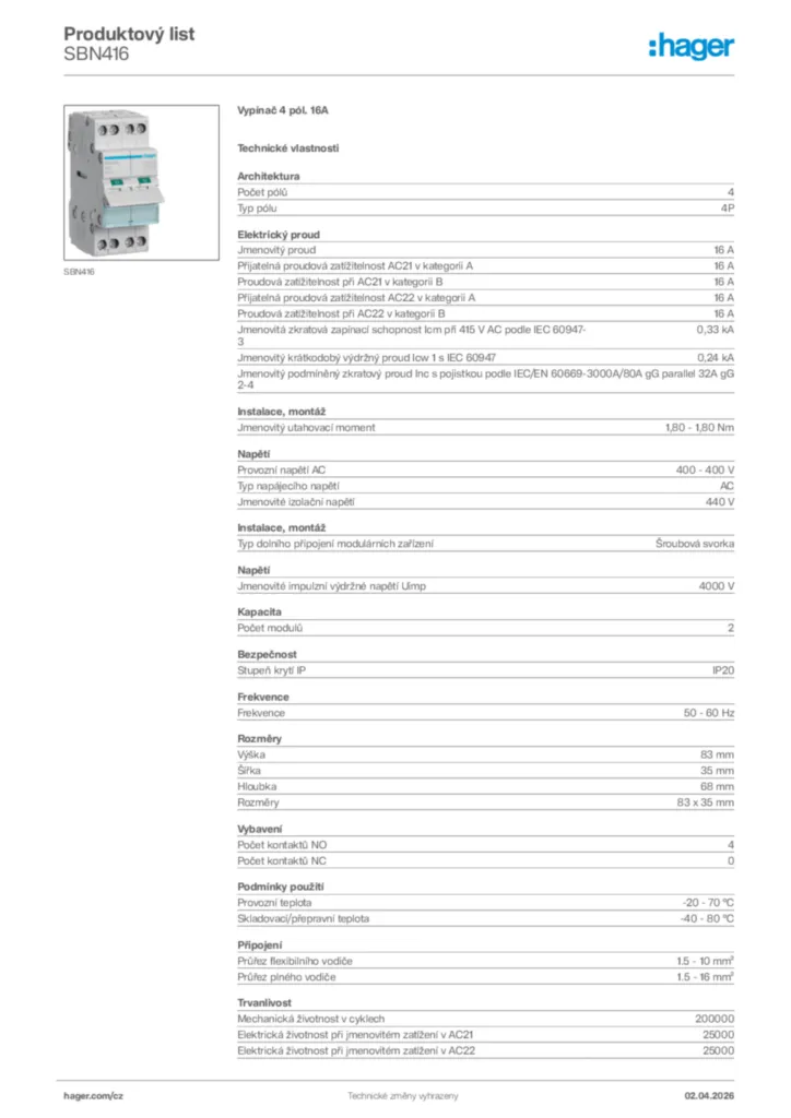 Obrázek Hager Product data sheet SBN416 | Hager