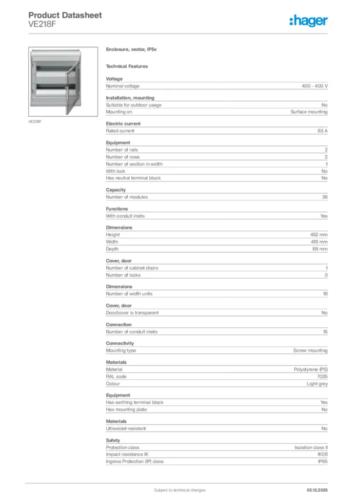 Image Hager Product data sheet VE218F  | Hager Africa