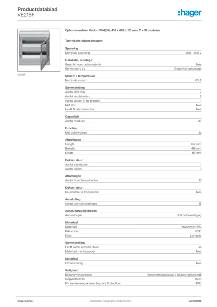 Afbeelding Hager Productdatablad VE218F | Hager Nederland