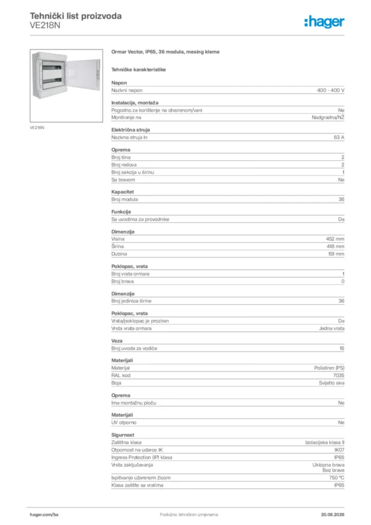 Slika Hager Tehnički list proizvoda VE218N  | Hager