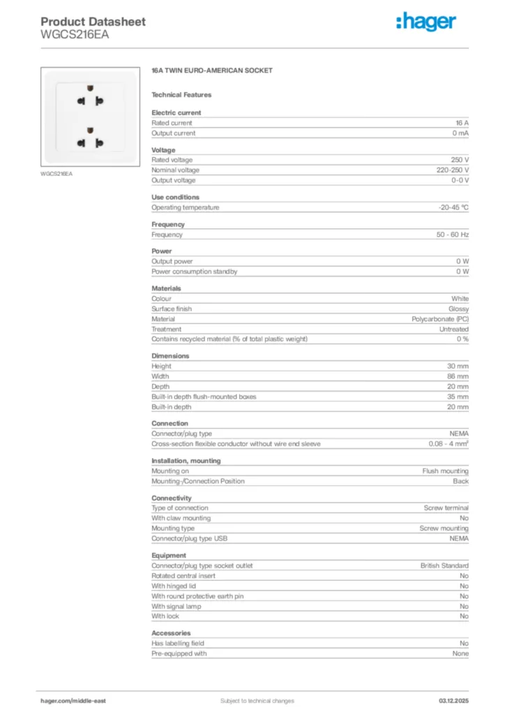 Image Hager Product data sheet WGCS216EA  | Hager
