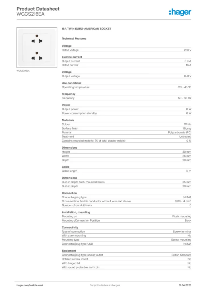 Image Hager Product data sheet WGCS216EA  | Hager