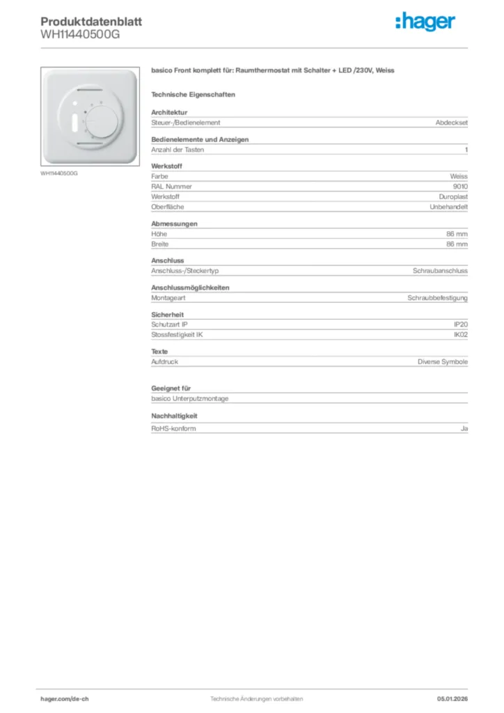 Bild Hager Produktdatenblatt WH11440500G | Hager Schweiz