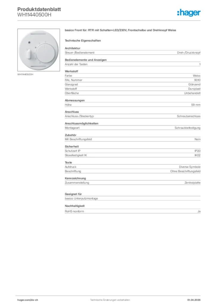 Bild Hager Produktdatenblatt WH11440500H | Hager Schweiz