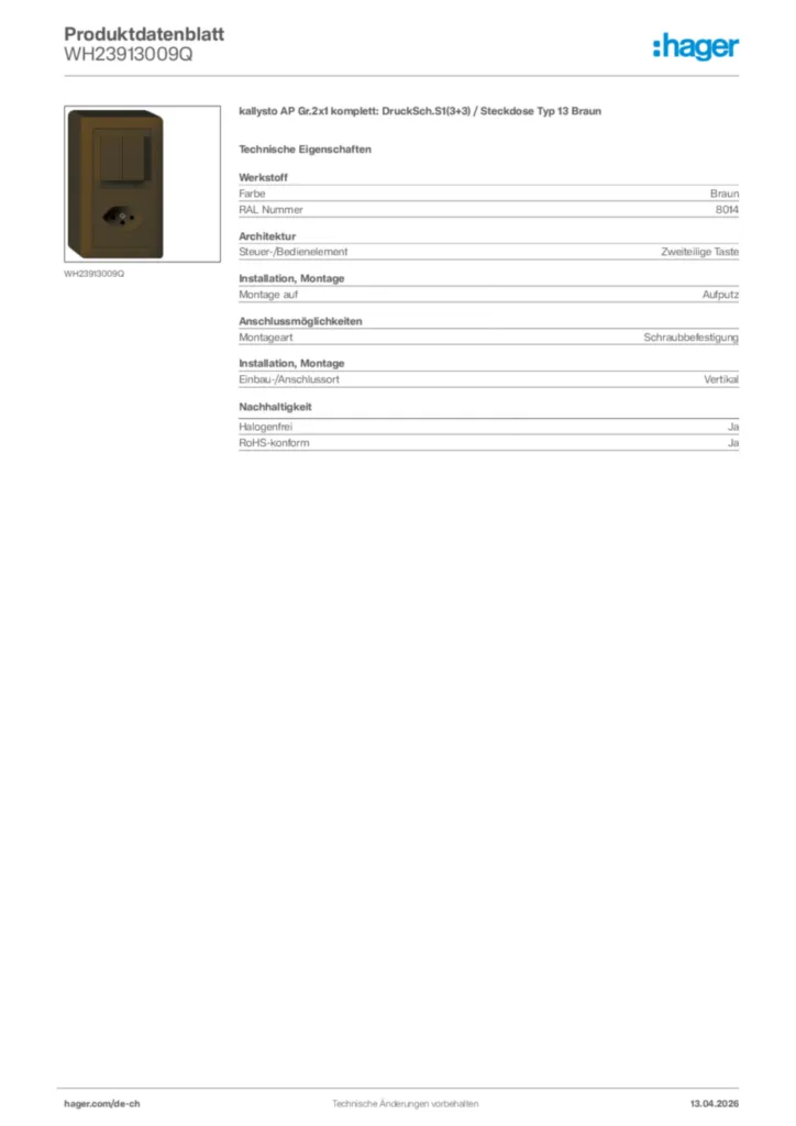 Bild Hager Produktdatenblatt WH23913009Q | Hager Schweiz