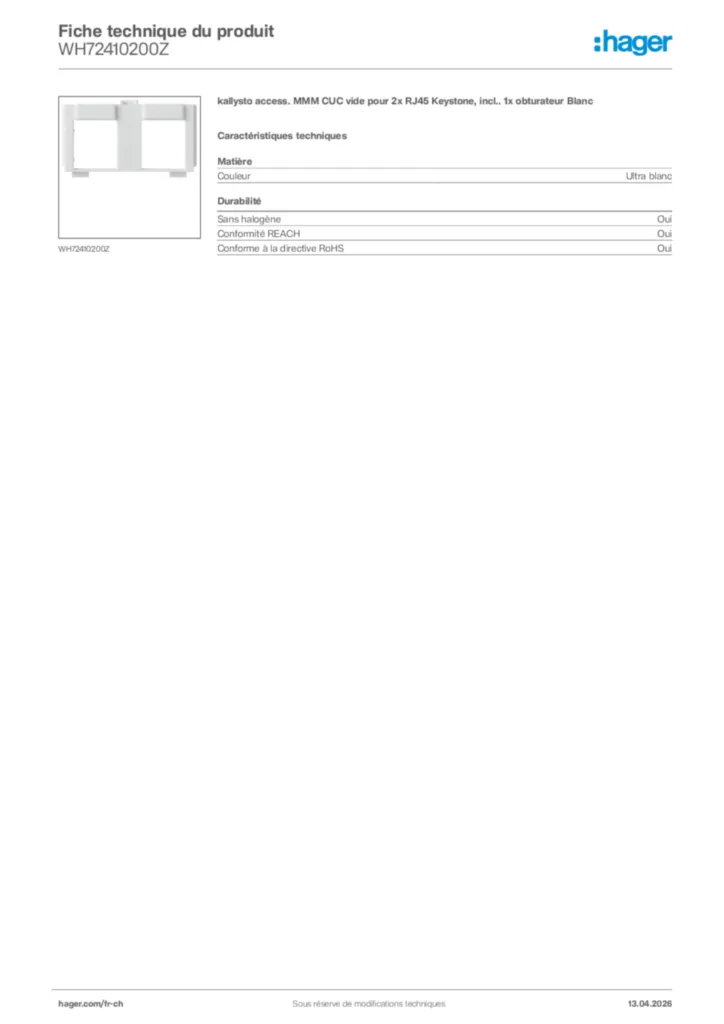 Image Hager Fiche technique du produit WH72410200Z | Hager Suisse