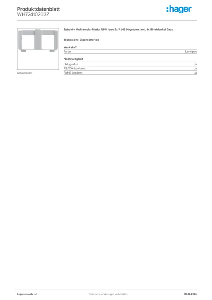 Bild Hager Produktdatenblatt WH72410203Z | Hager Schweiz