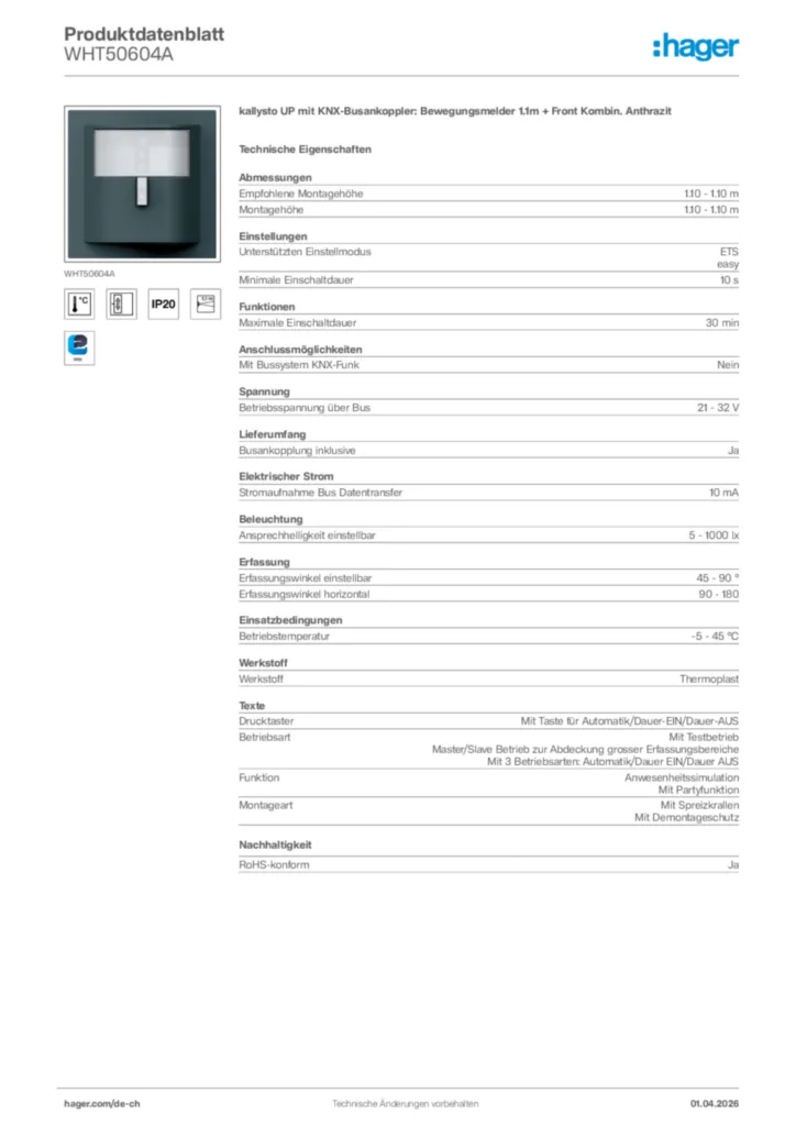 Bild Hager Produktdatenblatt WHT50604A | Hager Schweiz