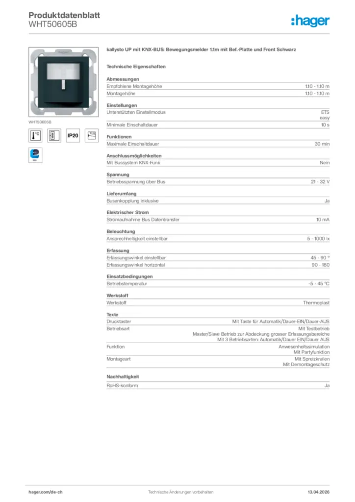 Bild Hager Produktdatenblatt WHT50605B | Hager Schweiz