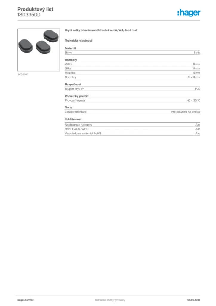Obrázek Hager Product data sheet 18033500 | Hager