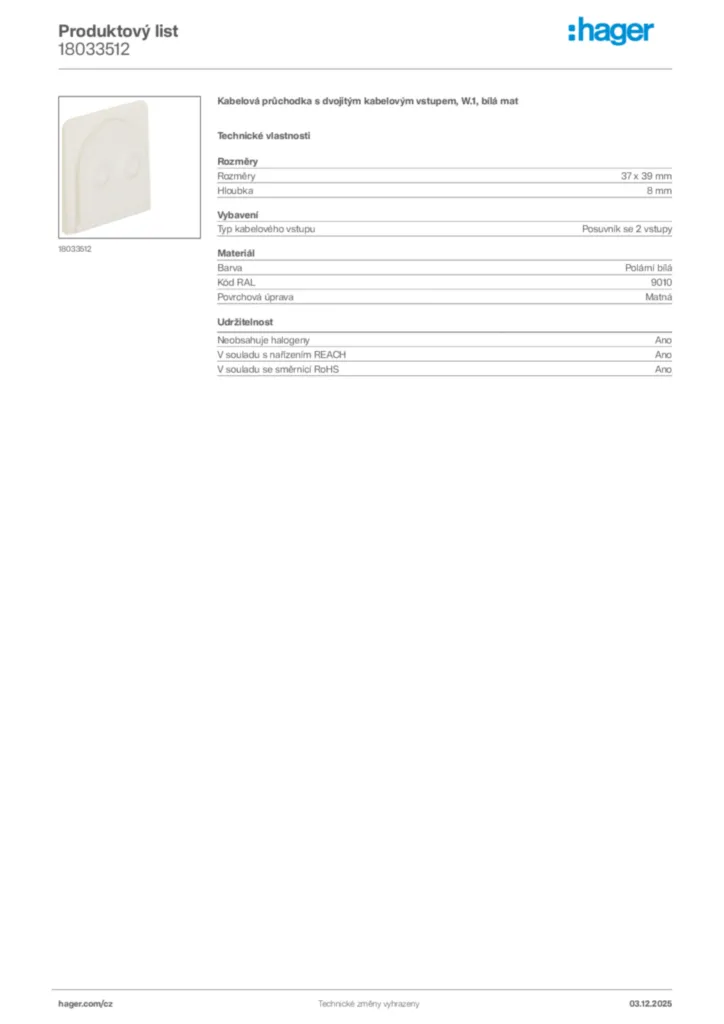 Obrázek Hager Product data sheet 18033512 | Hager