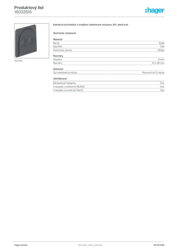 Obrázek Hager Product data sheet 18033515 | Hager