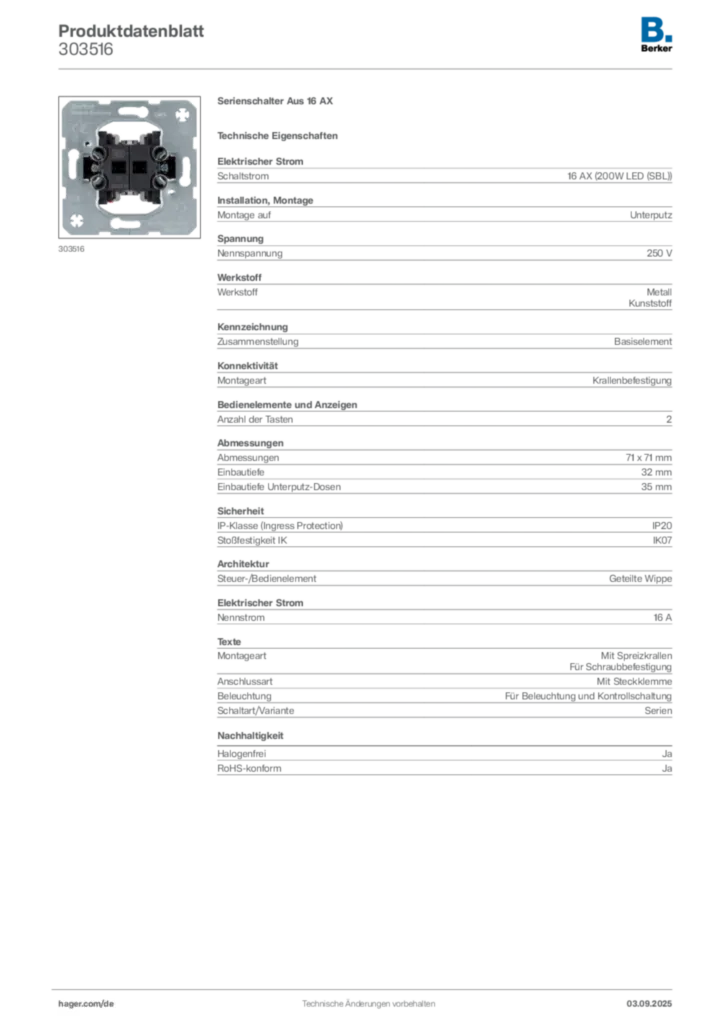Bild Berker Produktdatenblatt 303516 | Hager Deutschland
