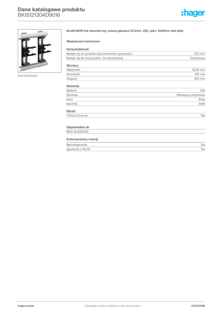 Zdjęcie Hager Dane katalogowe produktu BKIS121304D9016 | Hager Polska