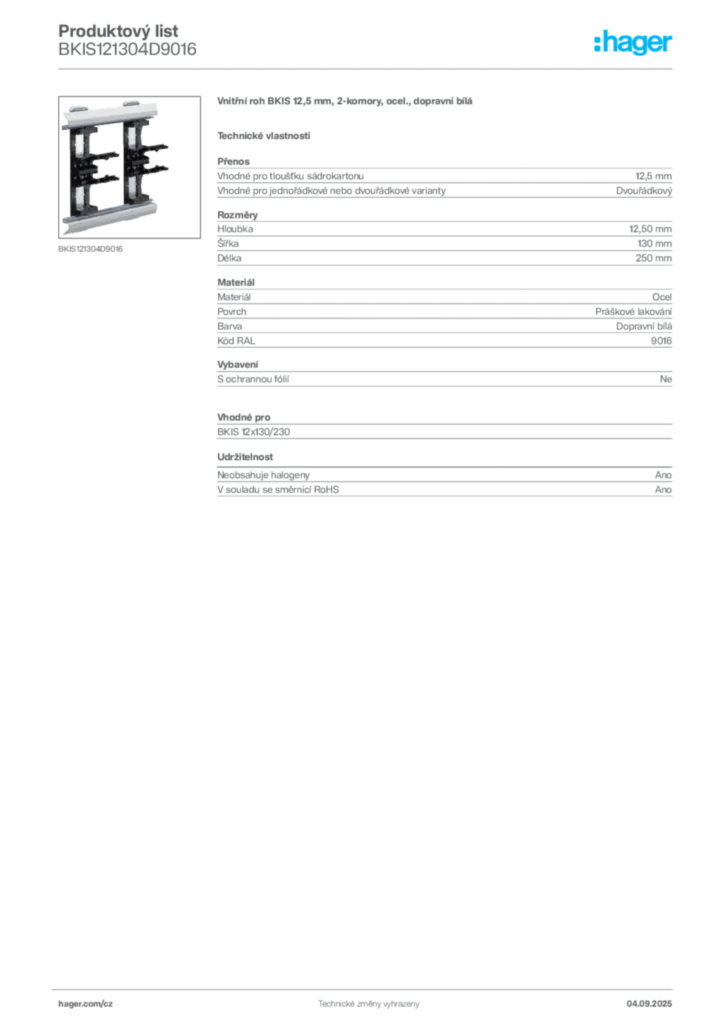 Obrázek Hager Product data sheet BKIS121304D9016 | Hager