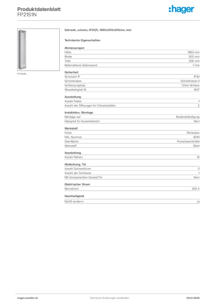 Bild Hager Produktdatenblatt FP21S1N | Hager Schweiz