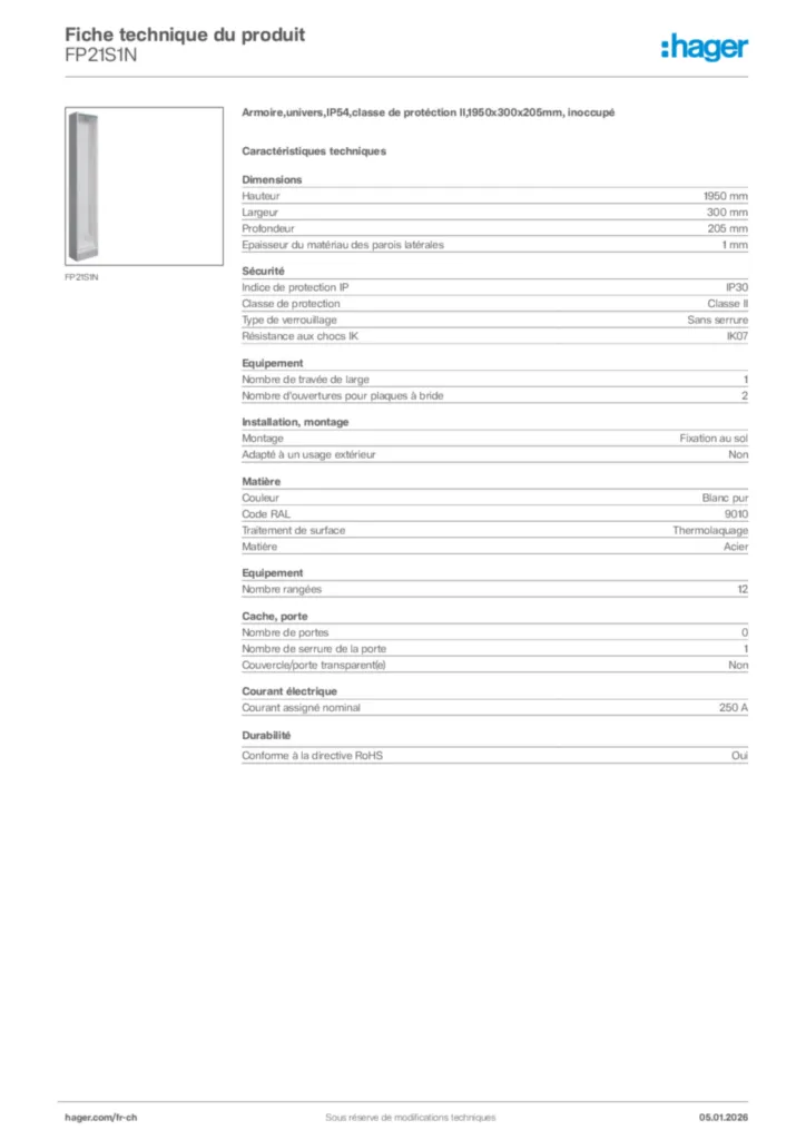 Image Hager Fiche technique du produit FP21S1N | Hager Suisse